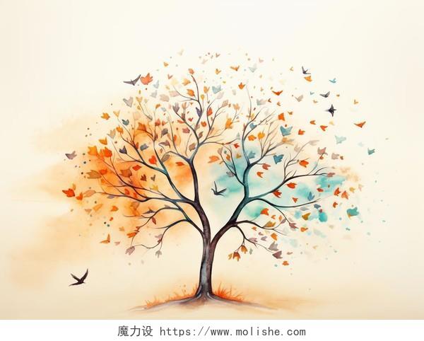 树叶飘落的树水彩AI插画意境秋天立秋落叶自然风景